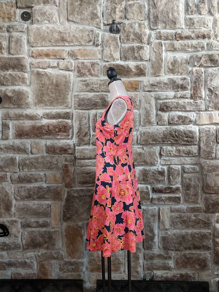 Ellen Tracy Navy With Coral And Pink Floral Pattern, Size 8