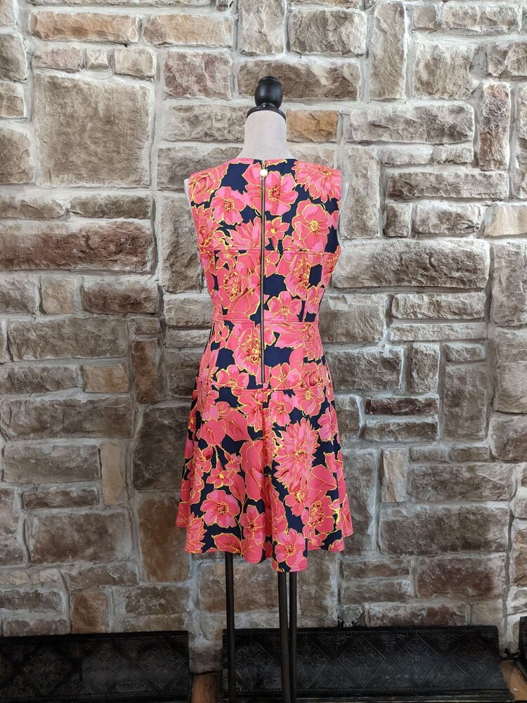 Ellen Tracy Navy With Coral And Pink Floral Pattern, Size 8