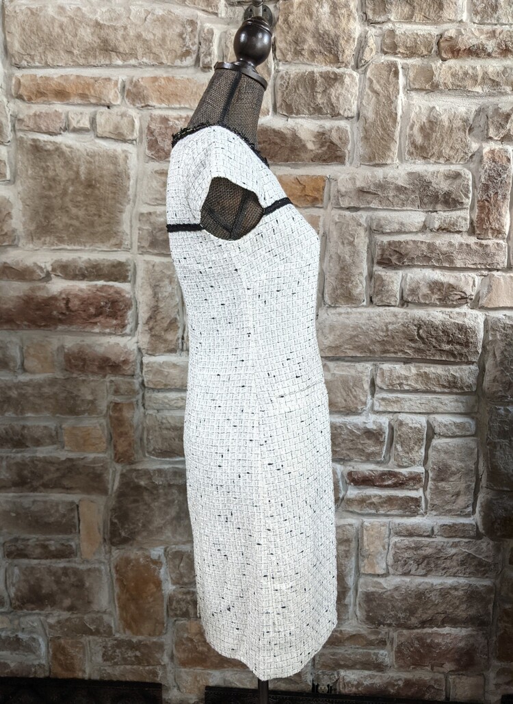 KARL LAGERFELD White Tweed Dress w/ Black Fringe & Gold Detailing, Size 2