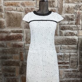 KARL LAGERFELD White Tweed Dress w/ Black Fringe & Gold Detailing, Size 2