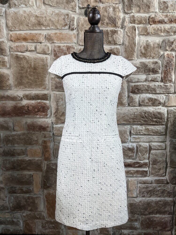 KARL LAGERFELD White Tweed Dress w/ Black Fringe & Gold Detailing, Size 2