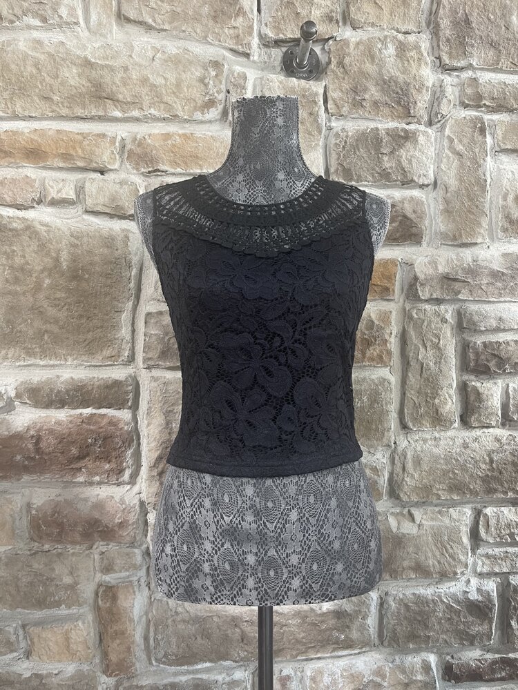 Oh Yes Black Lace Crop Top with Crochet Collar