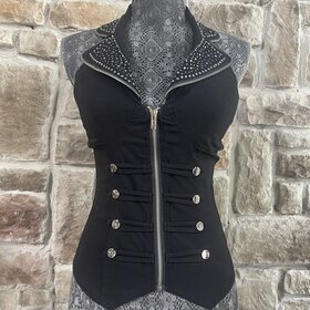 Lydia USA Black Beaded Sailor Collar Zip Front Halter Top