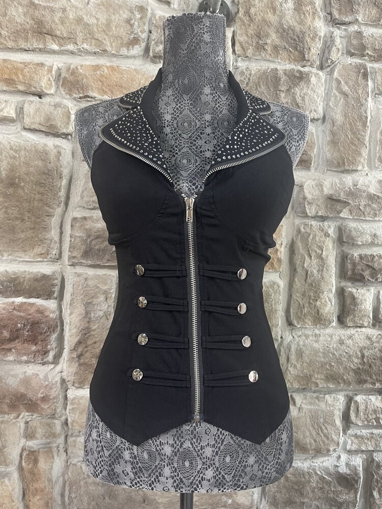 Lydia USA Black Beaded Sailor Collar Zip Front Halter Top