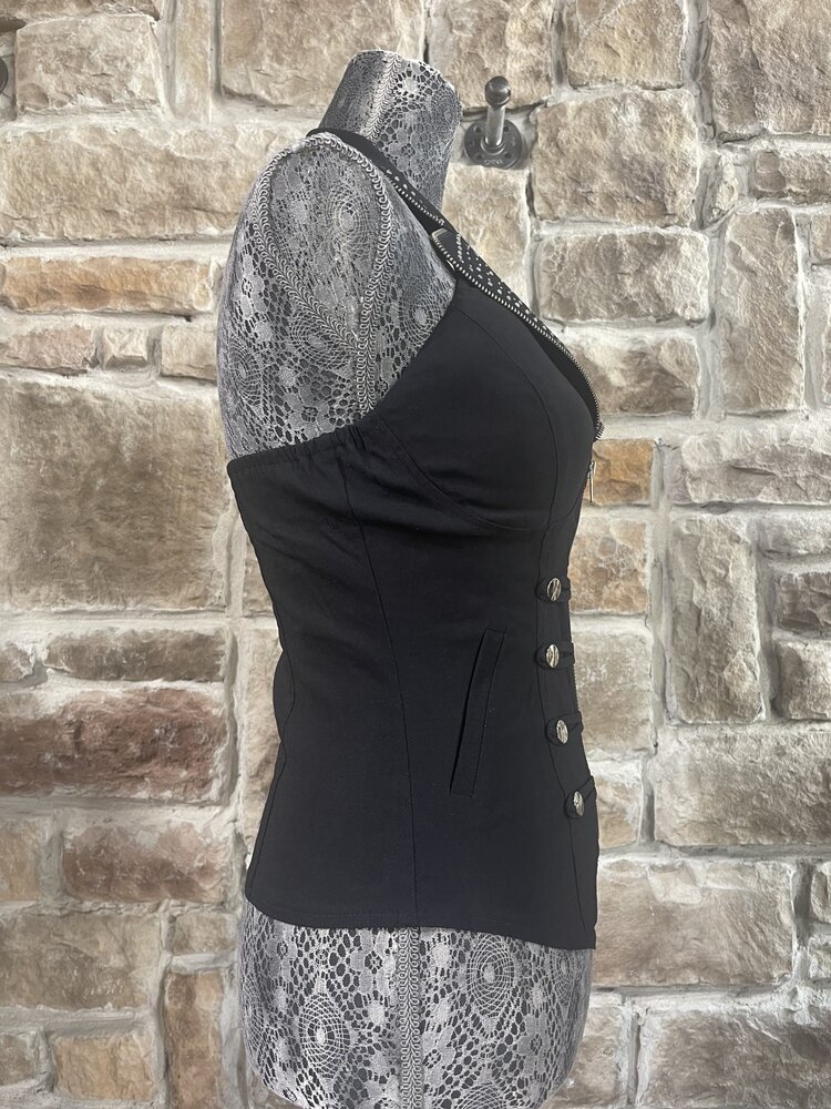 Lydia USA Black Beaded Sailor Collar Zip Front Halter Top