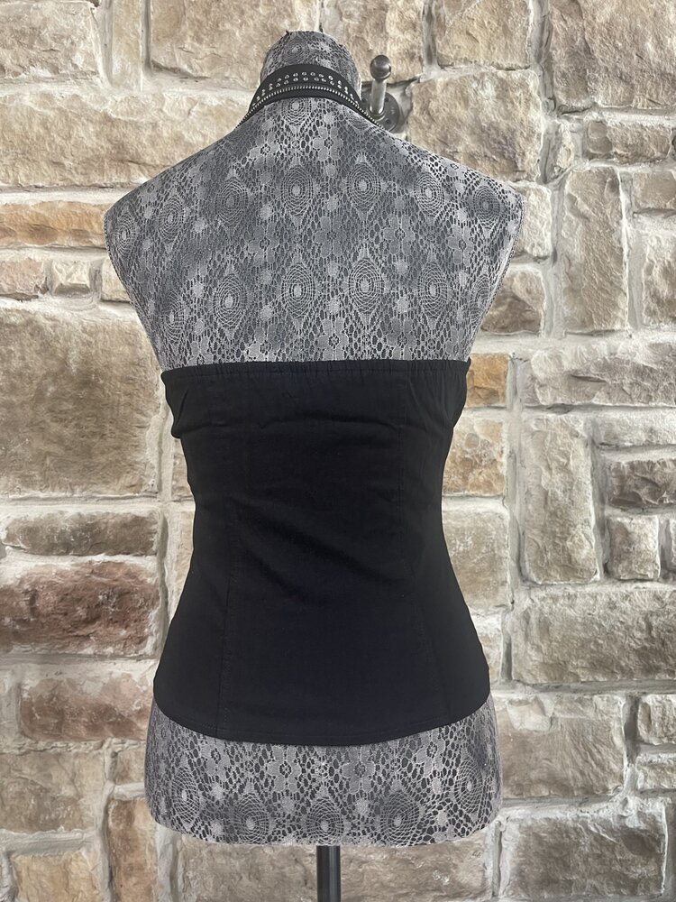 Lydia USA Black Beaded Sailor Collar Zip Front Halter Top