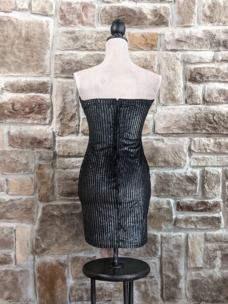 Trixxi Black and Silver Strapless Metallic Stripe Bodycon Dress