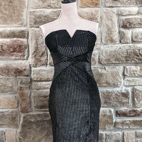 Trixxi Black and Silver Strapless Metallic Stripe Bodycon Dress