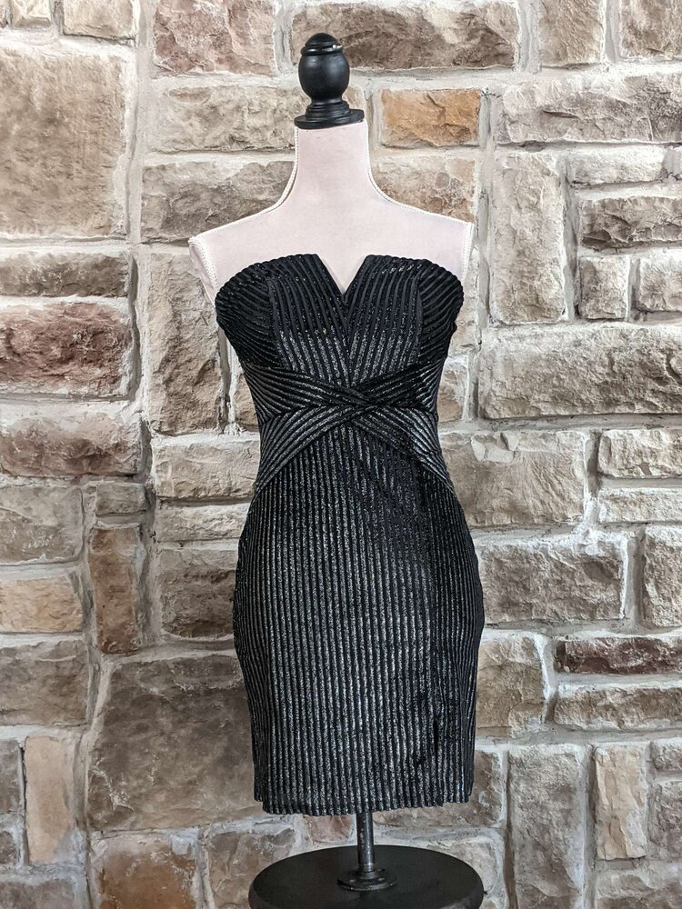 Trixxi Black and Silver Strapless Metallic Stripe Bodycon Dress