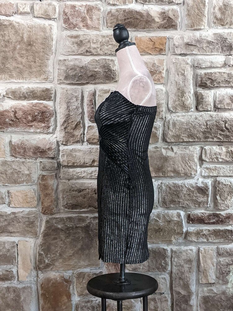 Trixxi Black and Silver Strapless Metallic Stripe Bodycon Dress