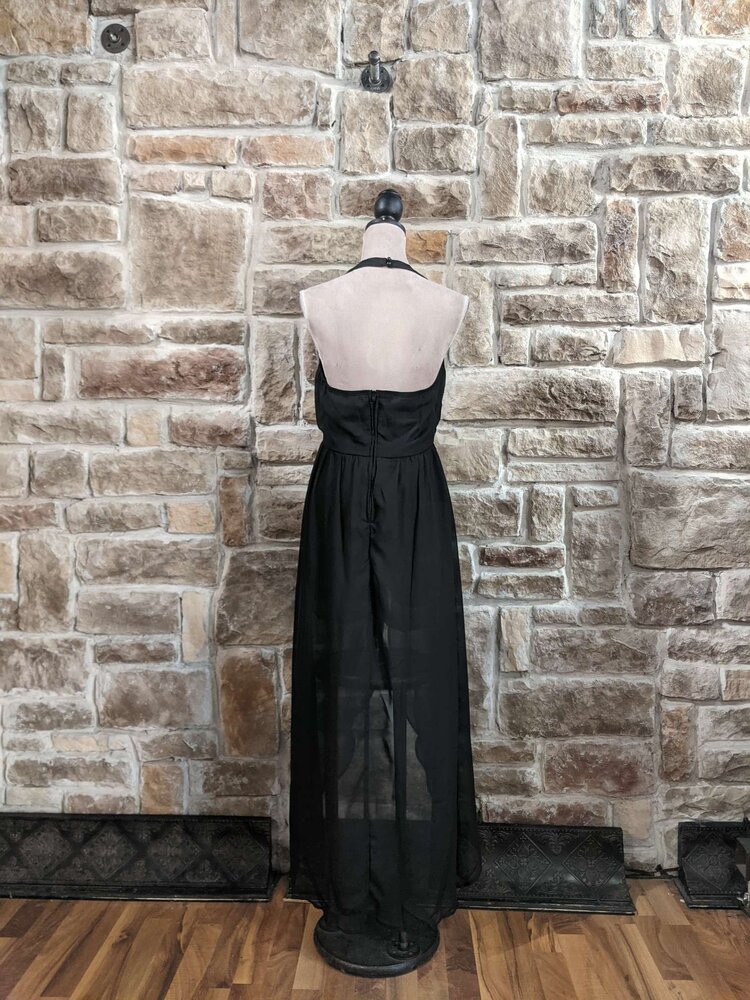 Crystal Doll Black Sheer Overlay Halter Romper, Size  L