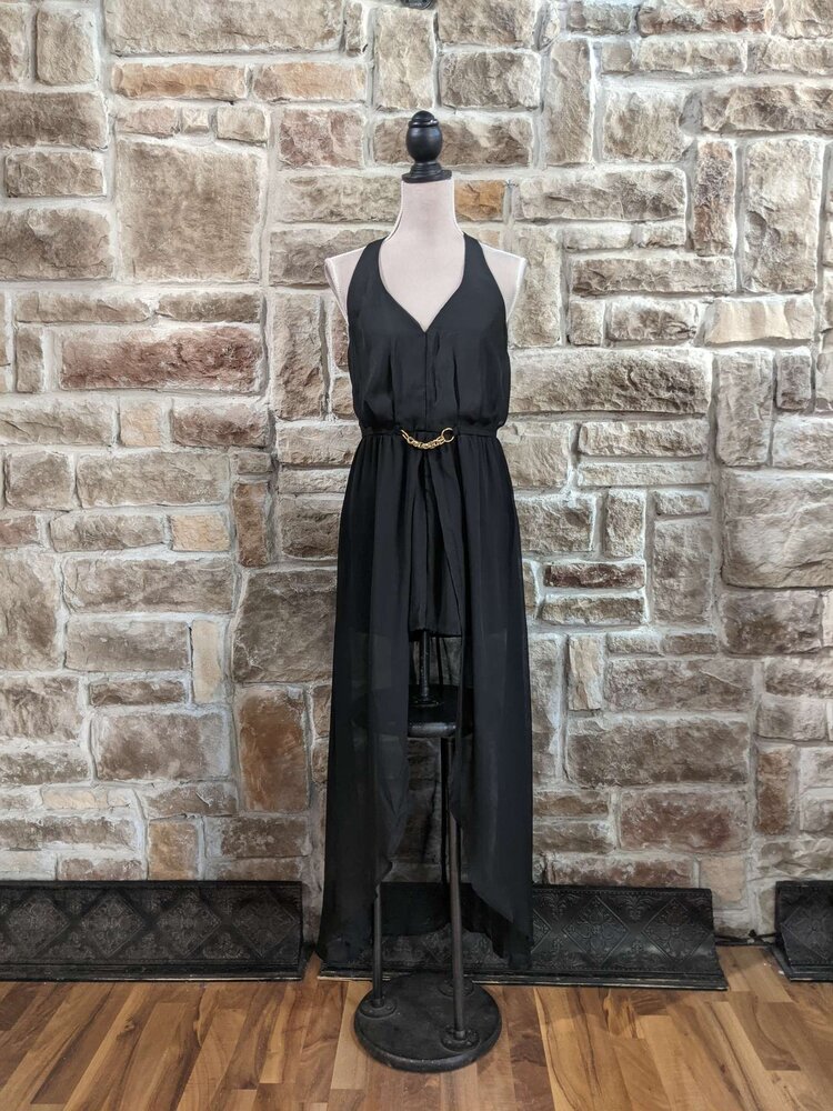 Crystal Doll Black Sheer Overlay Halter Romper, Size  L