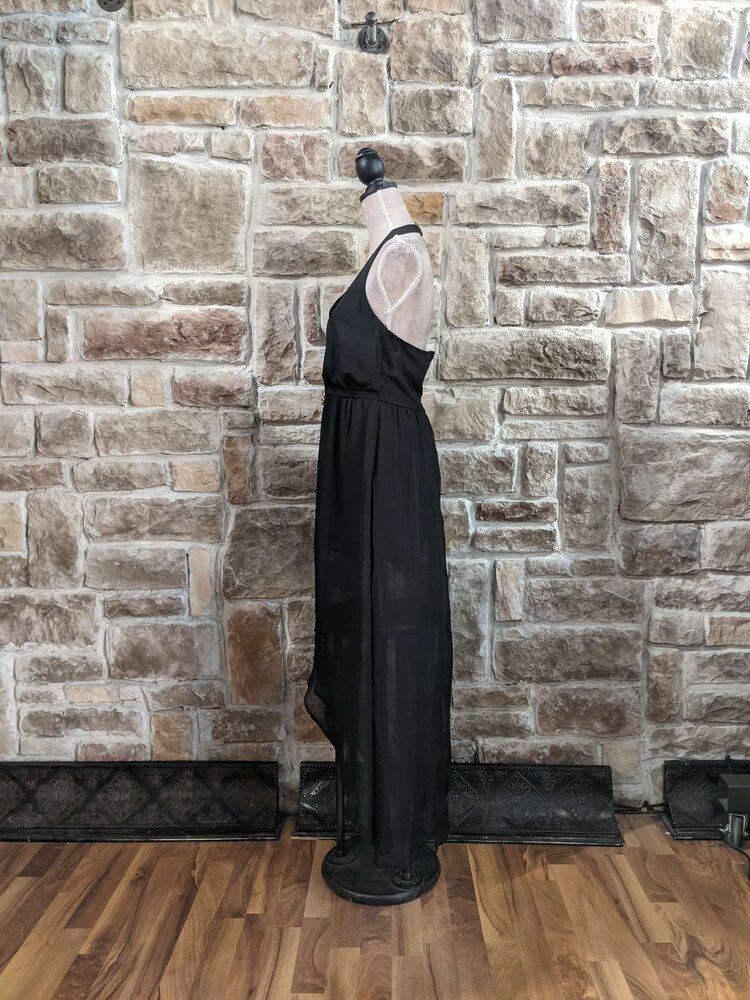 Crystal Doll Black Sheer Overlay Halter Romper, Size  L