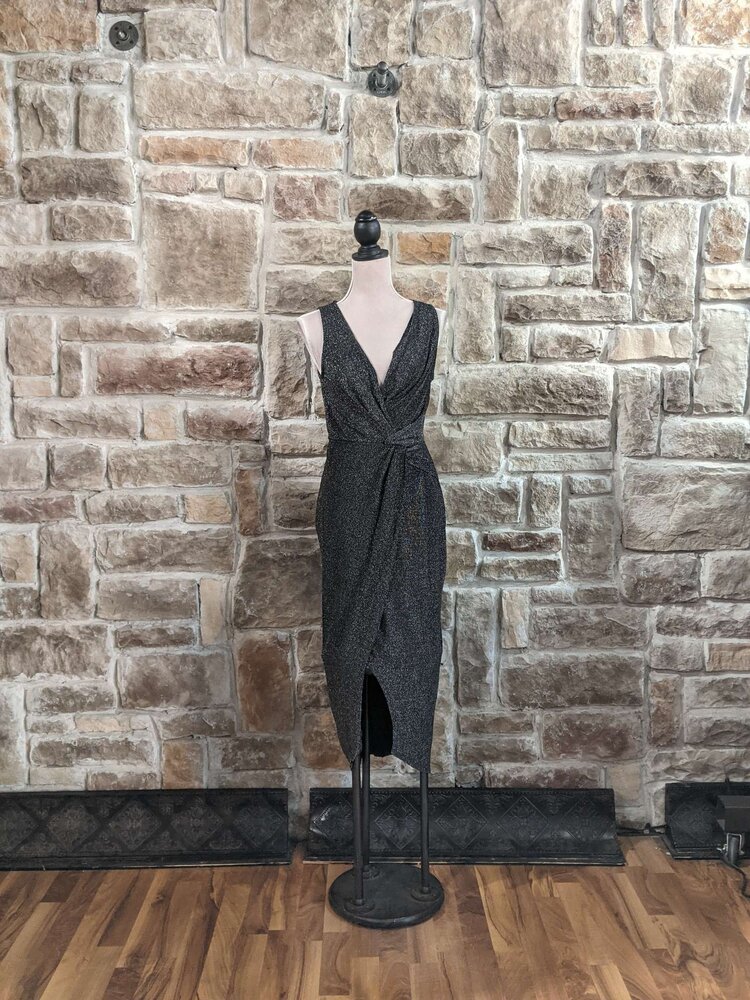 BCX Black Metallic Twist Front Dress, Size M