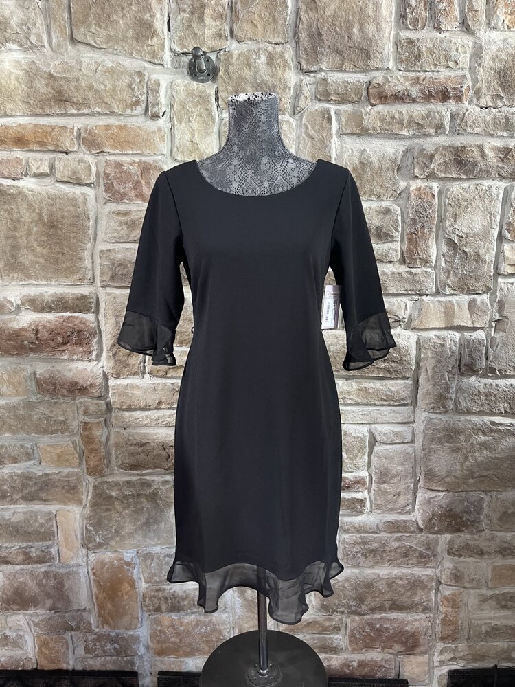Connected Apparel Black Chiffon Bell Sleeve Dress, Size 6P