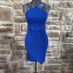 Sequin Hearts Royal Blue Strappy Asymmetrical Bodycon Dress, Size 7