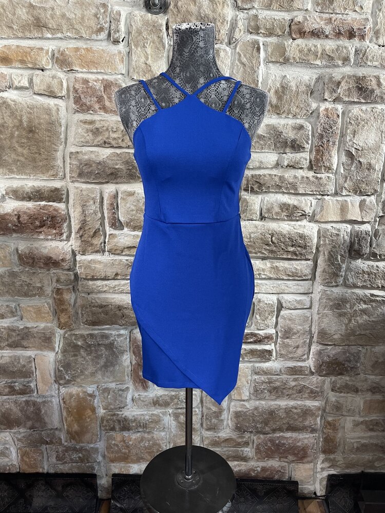 Sequin Hearts Royal Blue Strappy Asymmetrical Bodycon Dress, Size 7