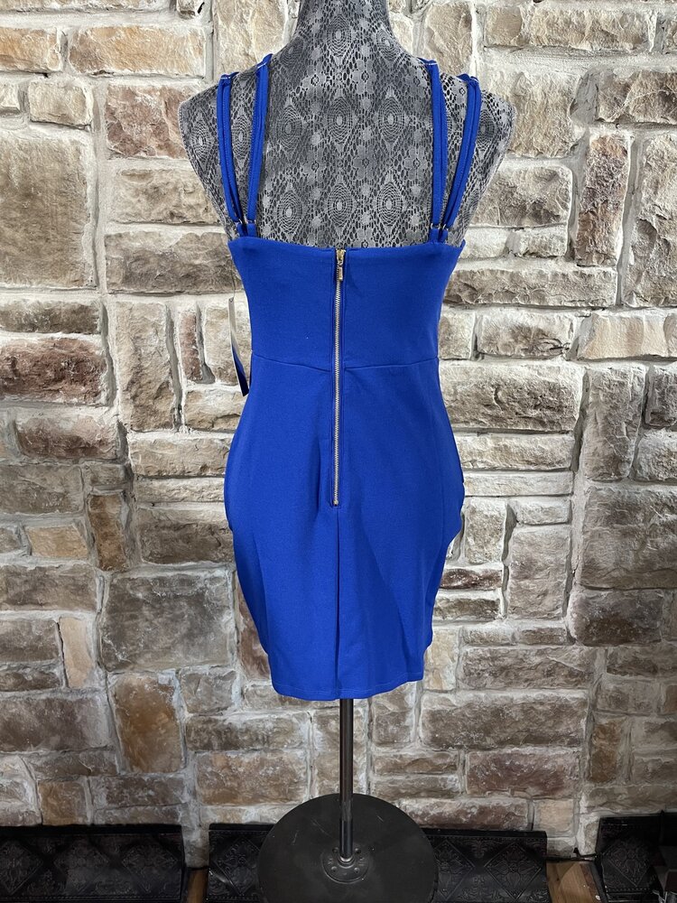 Sequin Hearts Royal Blue Strappy Asymmetrical Bodycon Dress, Size 7