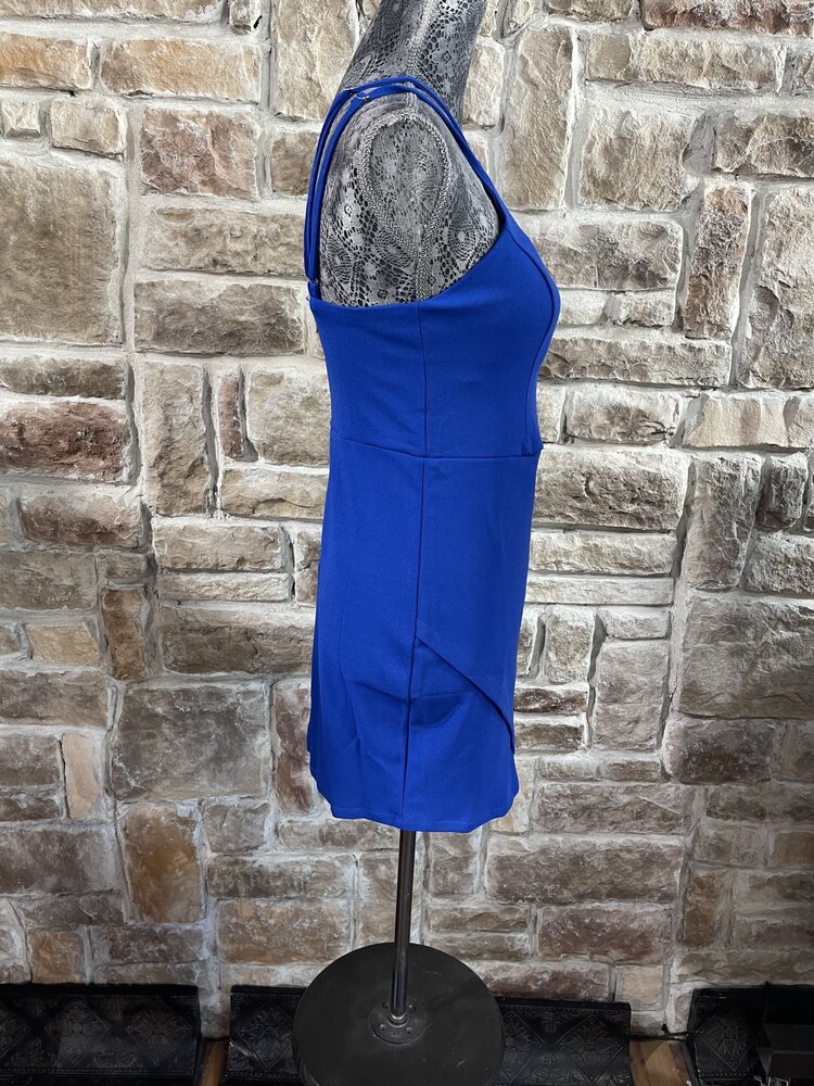 Sequin Hearts Royal Blue Strappy Asymmetrical Bodycon Dress, Size 7