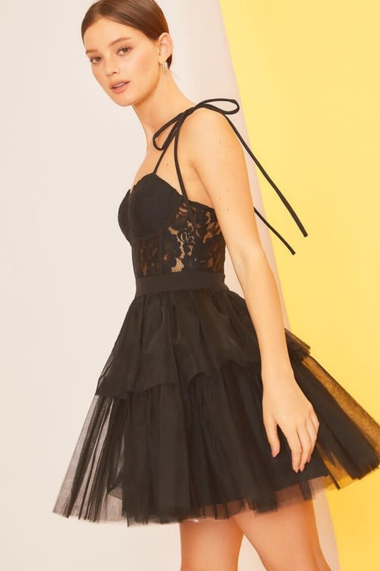 Black Tulle Tiered Dress with Lace Corset Top
