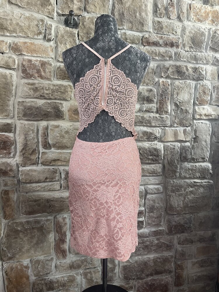 Emerald Sundae Pink Glitter Lace Zipper Back Dress