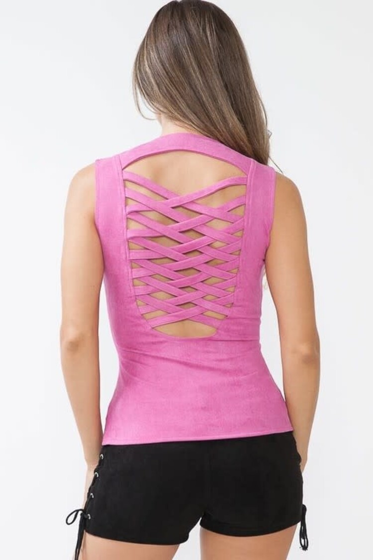 Lydia USA Fuchsia Suede Lace-Up Top w/ Cross Back