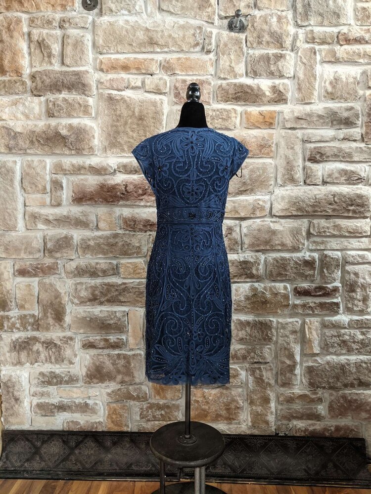 Sue Wong Navy Beaded Illusion Dress, Size 8