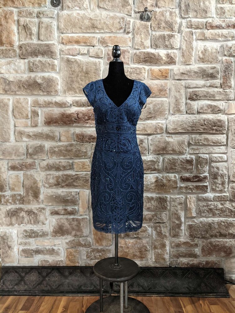 Sue Wong Navy Beaded Illusion Dress, Size 8
