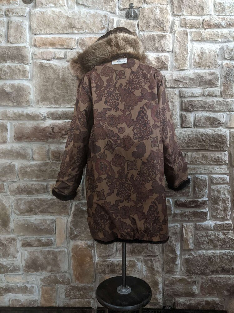 Beaver Parka with Hood and Black Native Detailing, Size L