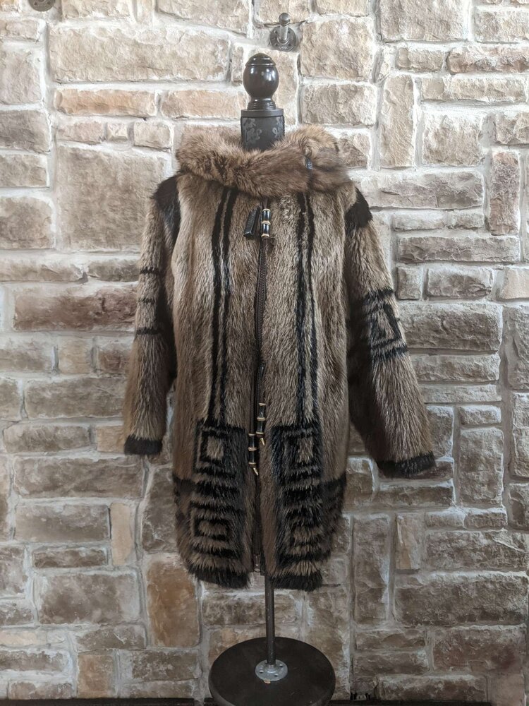 Beaver Parka with Hood and Black Native Detailing, Size L