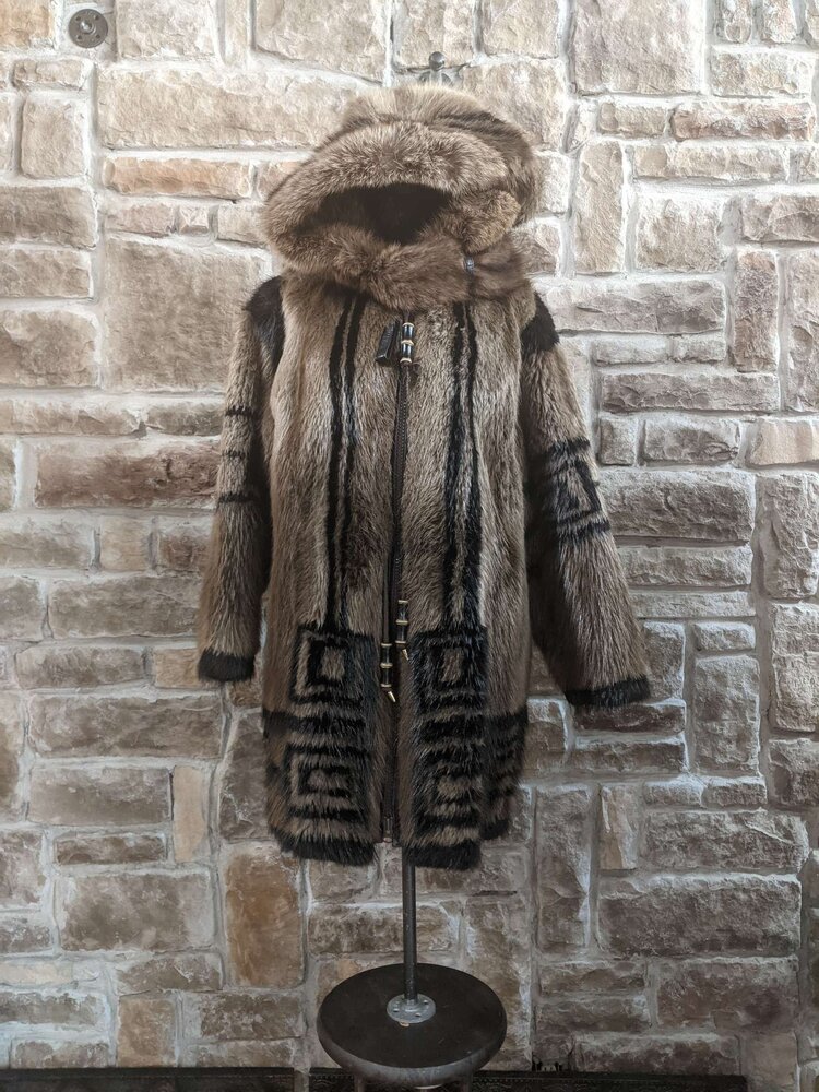 Beaver Parka with Hood and Black Native Detailing, Size L