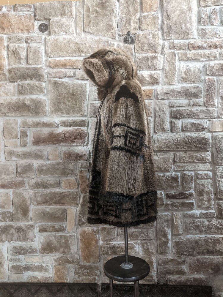 Beaver Parka with Hood and Black Native Detailing, Size L