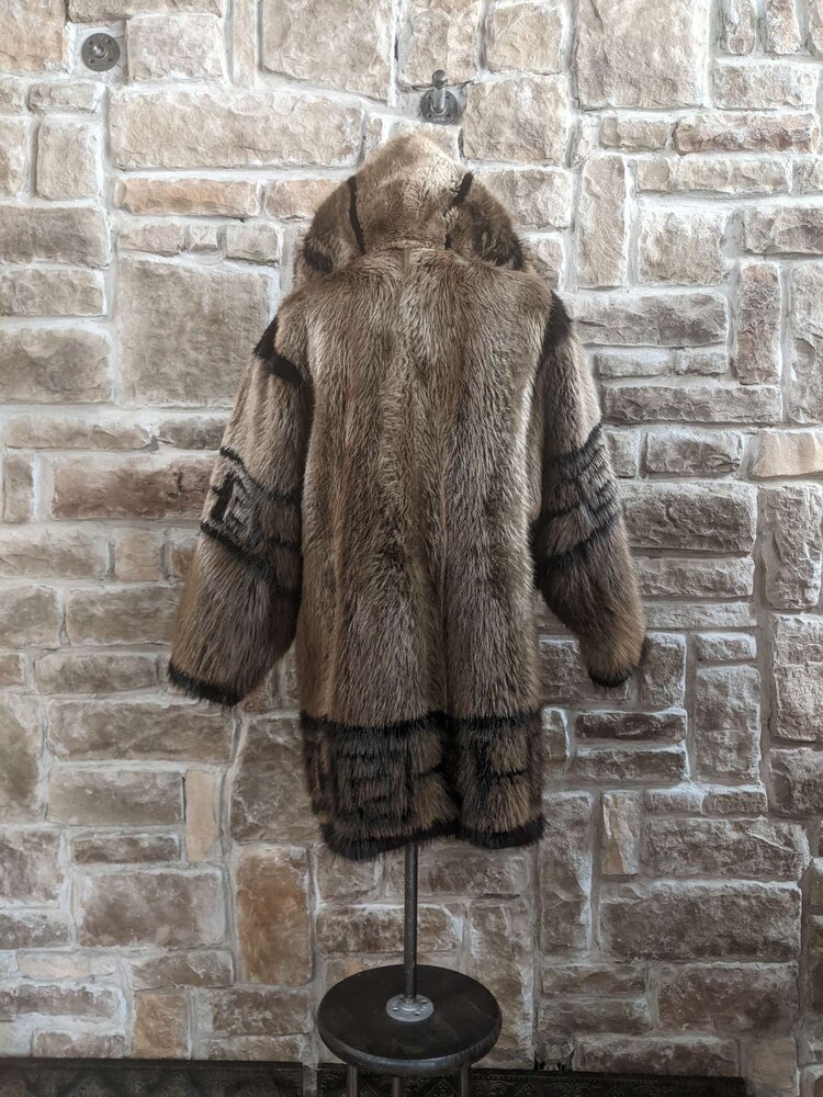 Beaver Parka with Hood and Black Native Detailing, Size L
