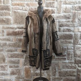 Beaver Parka with Hood and Black Native Detailing, Size L
