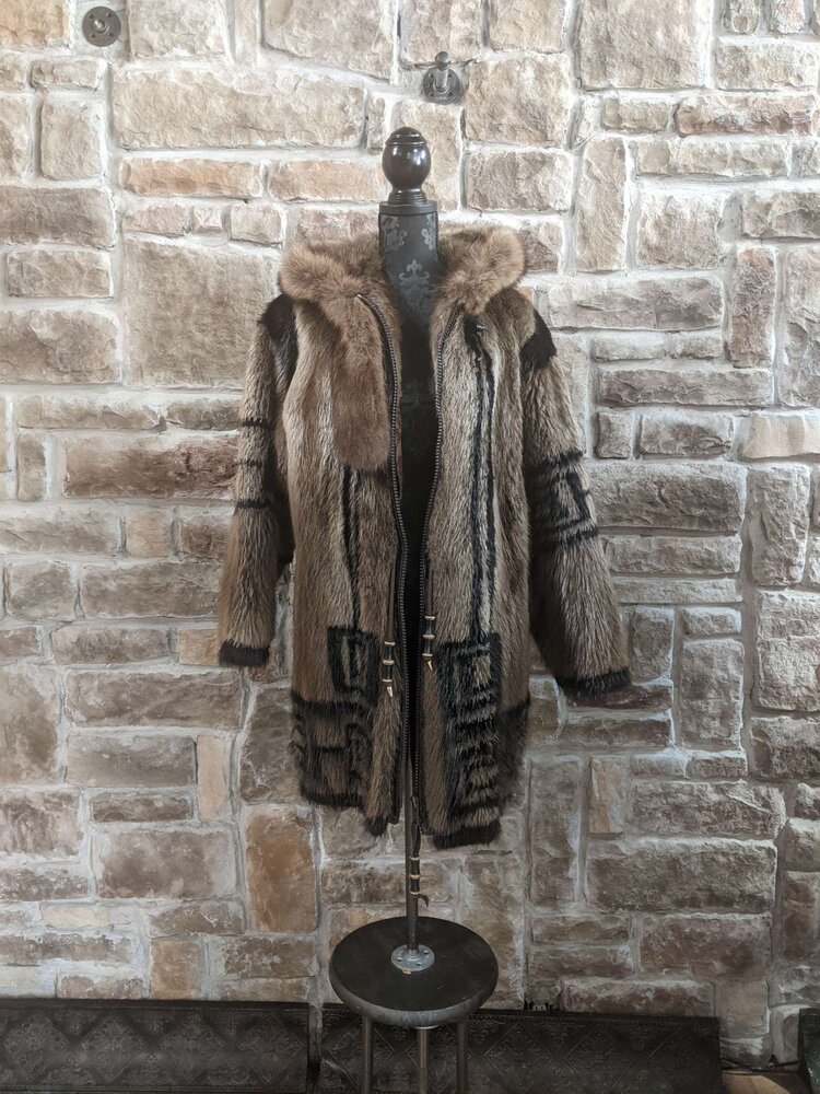 Beaver Parka with Hood and Black Native Detailing, Size L