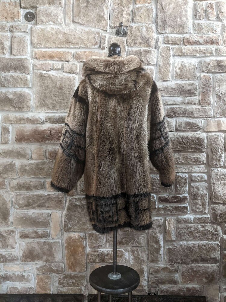 Beaver Parka with Hood and Black Native Detailing, Size L