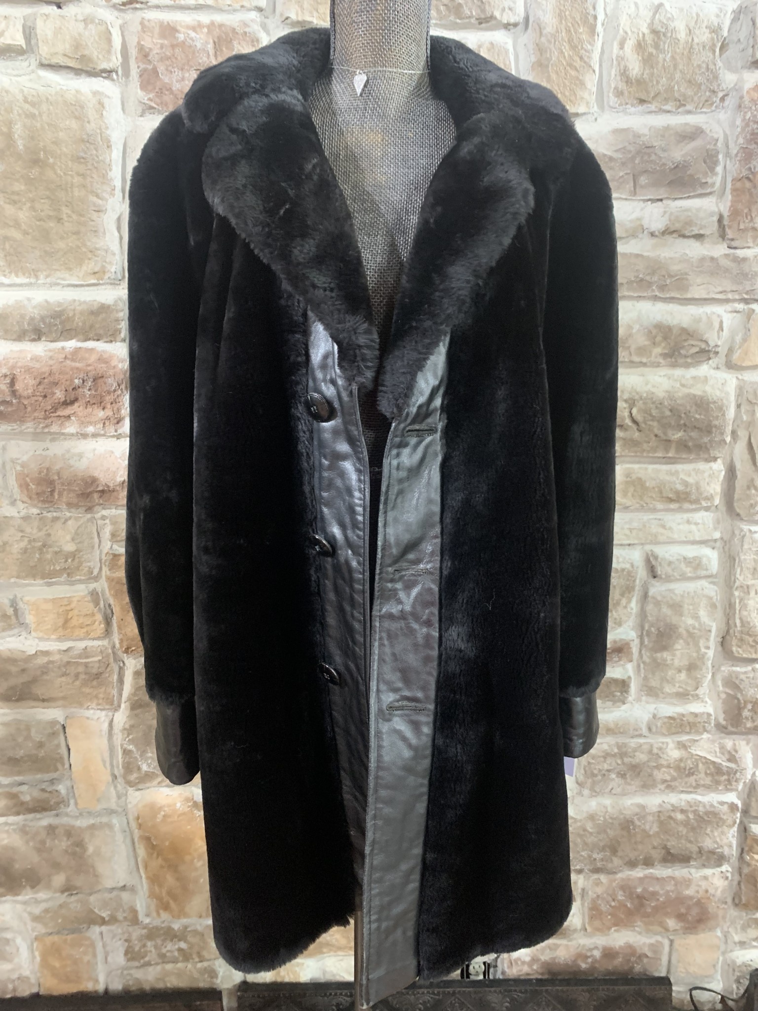 Black Mouton Coat with Leather Trim, Size XL
