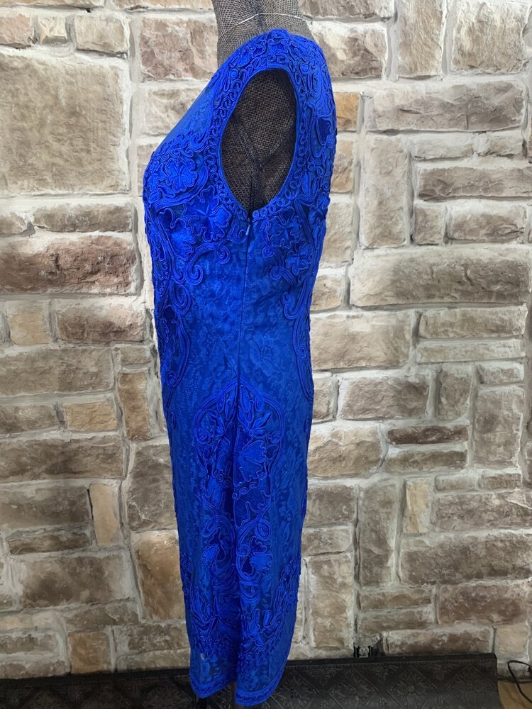 Sue Wong Royal Blue  Embellished Illusion Lace Dress, Size 8