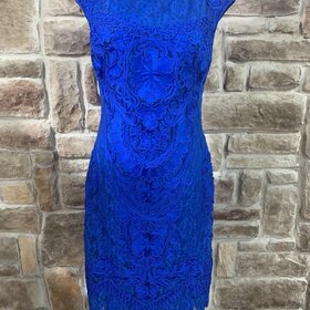 Sue Wong Royal Blue  Embellished Illusion Lace Dress, Size 8