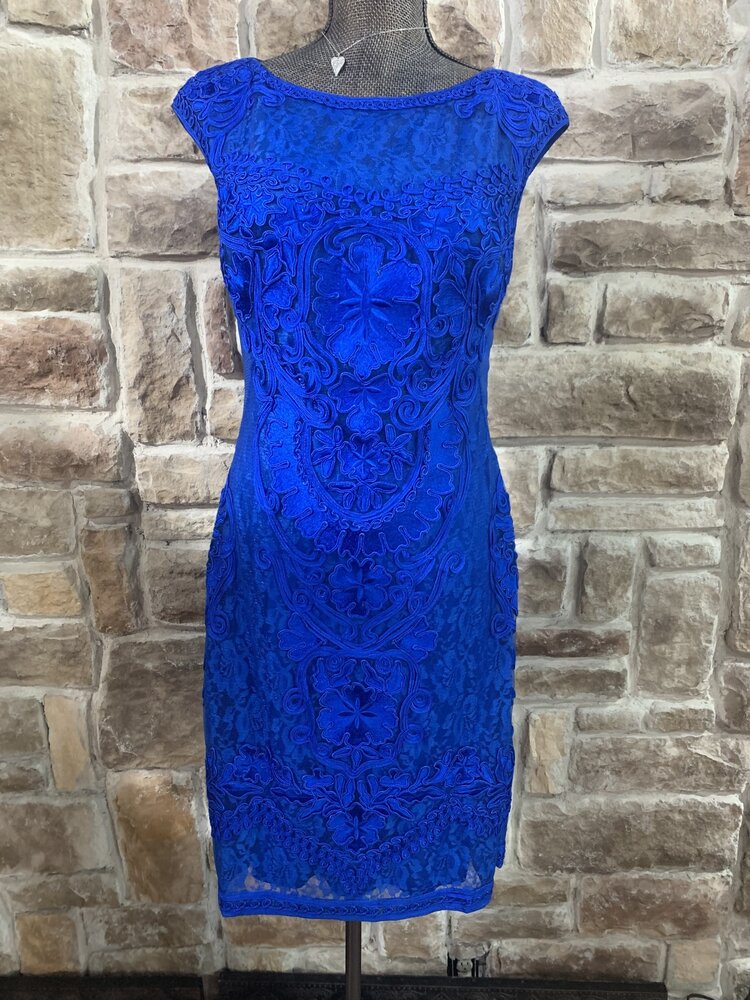 Sue Wong Royal Blue  Embellished Illusion Lace Dress, Size 8