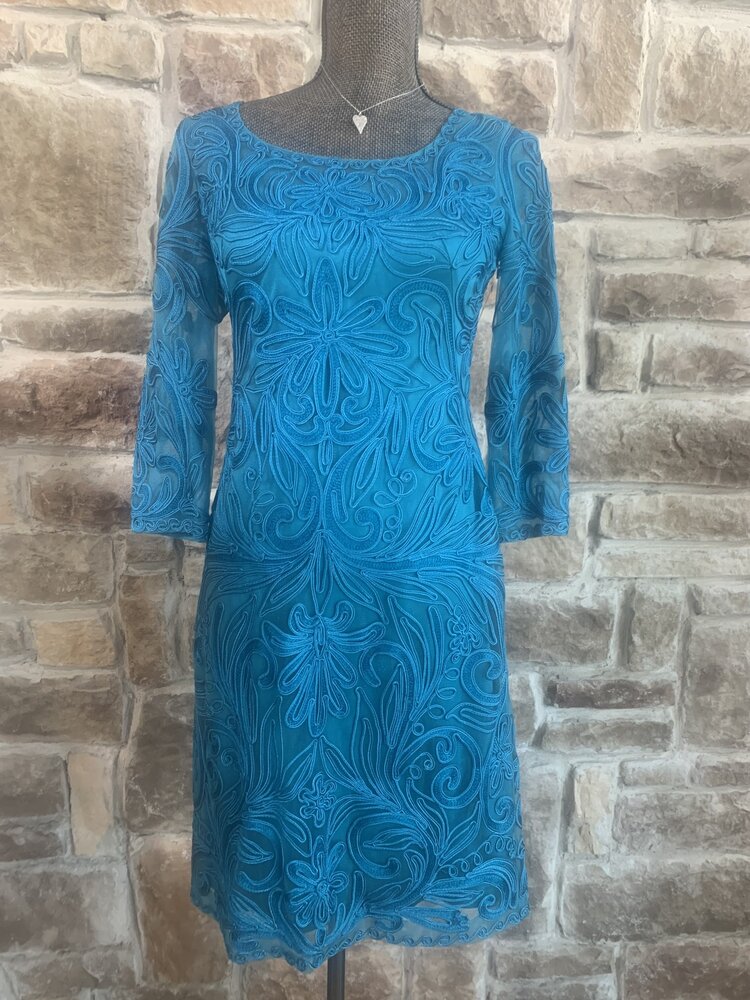 Sue Wong Turquoise Blue Long Sleeve Dress, Size 4