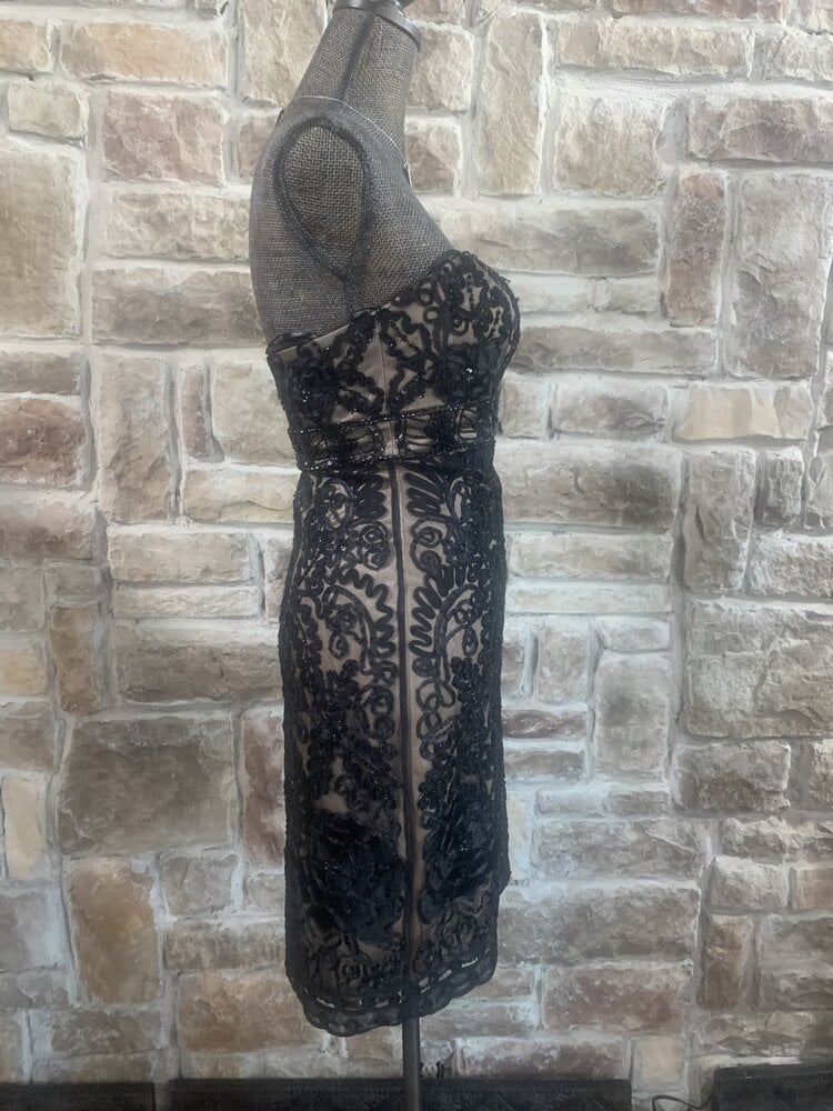 Sue Wong Black Strapless Embellished Illusion Dress, Size 4
