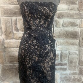 Sue Wong Black Strapless Embellished Illusion Dress, Size 4