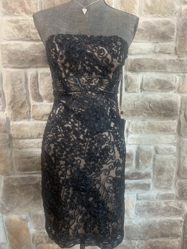 Sue Wong Black Strapless Embellished Illusion Dress, Size 4