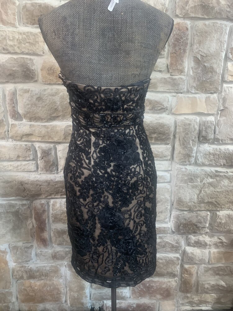 Sue Wong Black Strapless Embellished Illusion Dress, Size 4