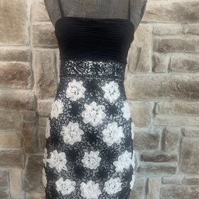 Sue Wong Black and White Spaghetti Strap Dress with White Flowers, Size 6