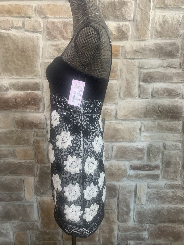 Sue Wong Black and White Spaghetti Strap Dress with White Flowers, Size 6