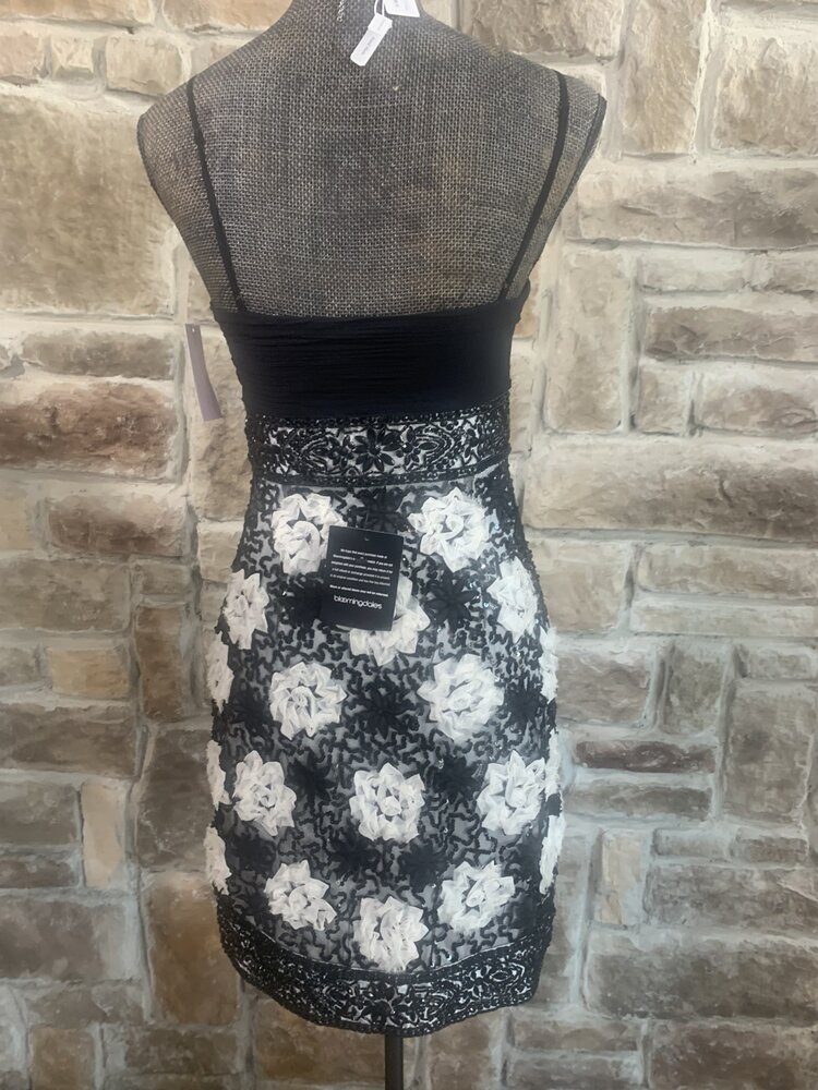 Sue Wong Black and White Spaghetti Strap Dress with White Flowers, Size 6