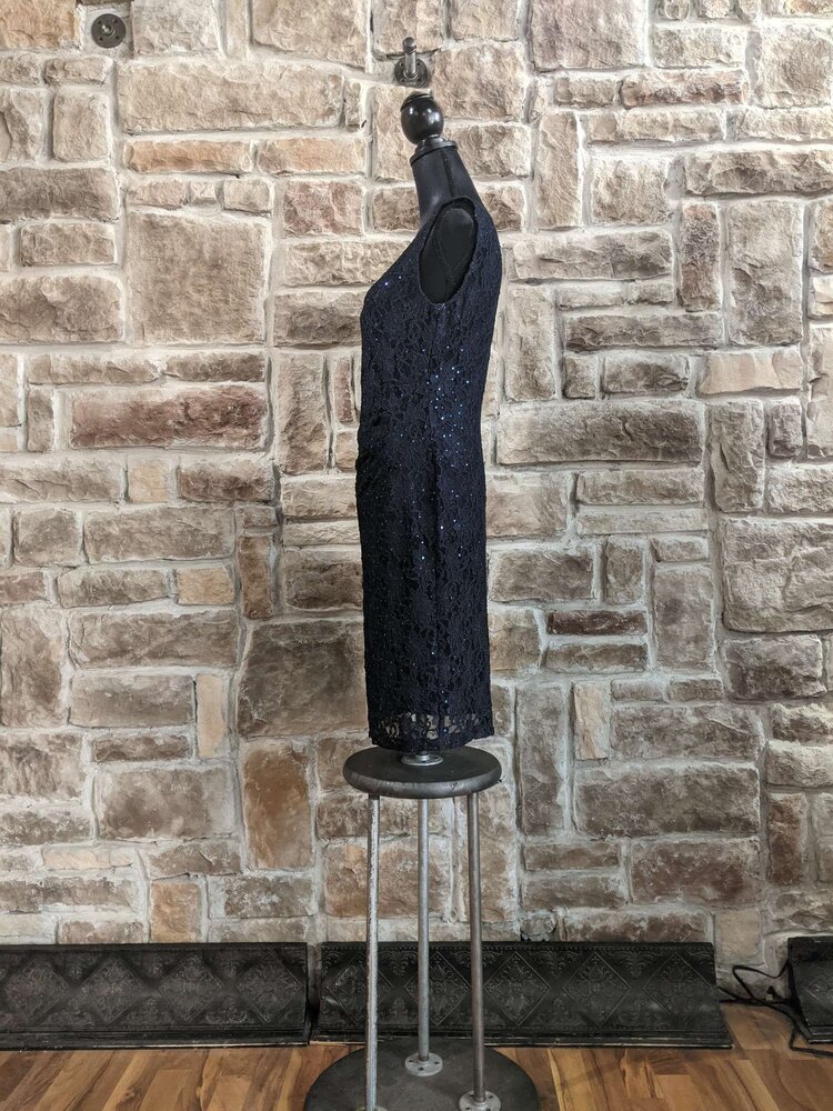 Connected Apparel Navy Sequin Lace Overlay Dress, Size 6