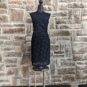 Connected Apparel Navy Sequin Lace Overlay Dress, Size 6
